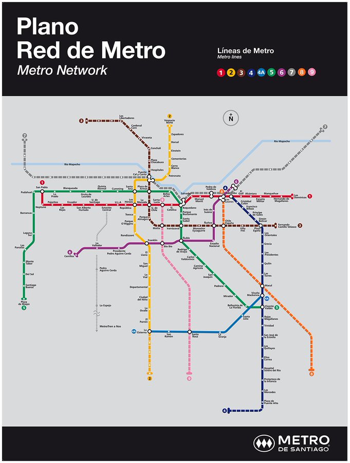 Mapa del Metro de Santiago con las nuevas líneas 7, 8 y 9