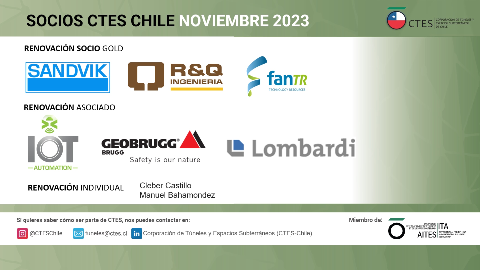 Bienvenida socios noviembre de la Corporación de Túneles y Espacios Subterráneos – CTES-Chile